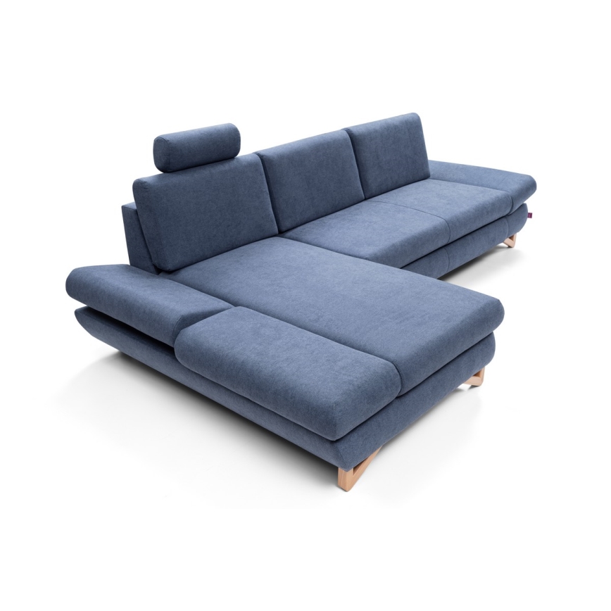 L-shaped upholstered folding corner lounge suite with a storage space AVESTA left blue