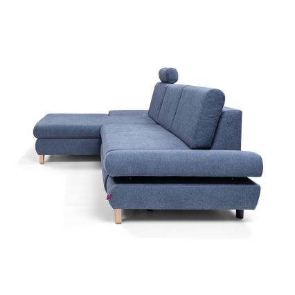 L-shaped upholstered folding corner lounge suite with a storage space AVESTA left blue