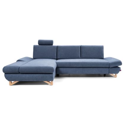L-shaped upholstered folding corner lounge suite with a storage space AVESTA left blue