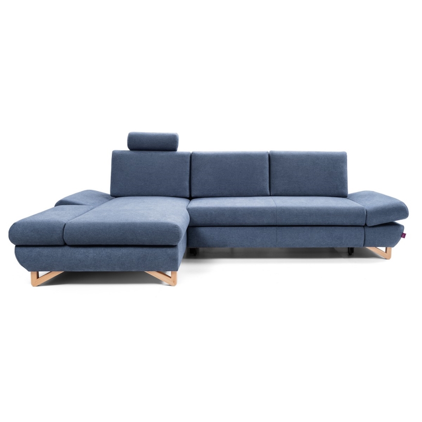 L-shaped upholstered folding corner lounge suite with a storage space AVESTA left blue