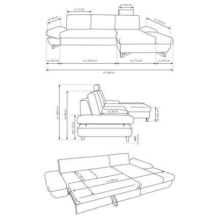 L-shaped upholstered folding corner lounge suite with a storage space AVESTA left blue