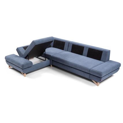 L-shaped upholstered folding corner lounge suite with a storage space AVESTA left blue