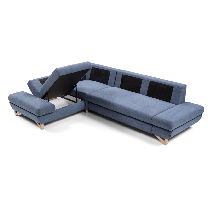 L-shaped upholstered folding corner lounge suite with a storage space AVESTA left blue
