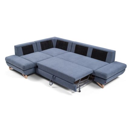 L-shaped upholstered folding corner lounge suite with a storage space AVESTA left blue