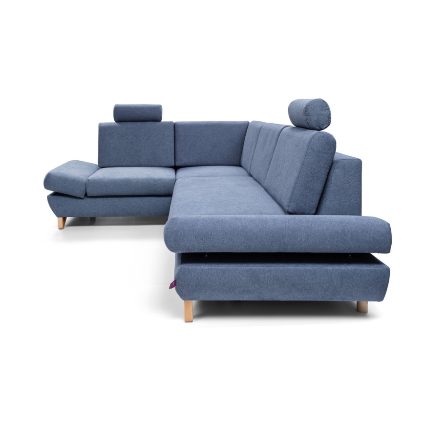 L-shaped upholstered folding corner lounge suite with a storage space AVESTA left blue