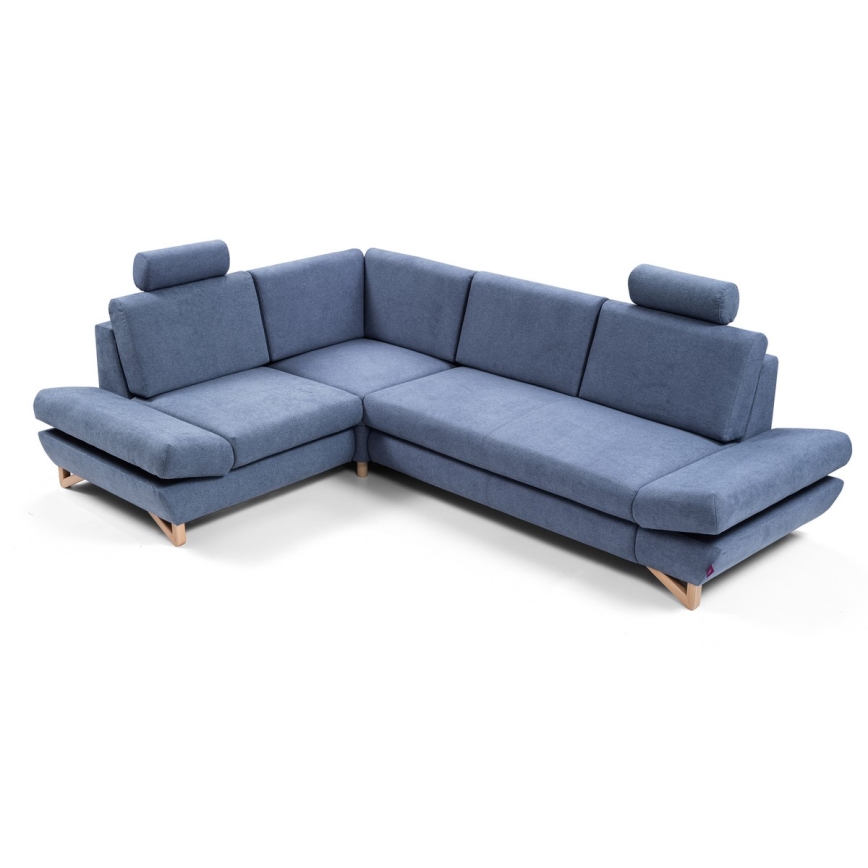 L-shaped upholstered folding corner lounge suite with a storage space AVESTA left blue