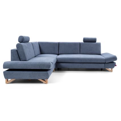 L-shaped upholstered folding corner lounge suite with a storage space AVESTA left blue