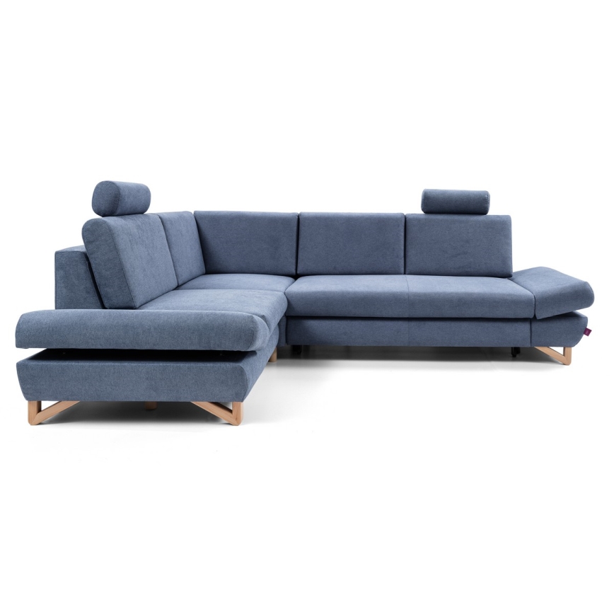 L-shaped upholstered folding corner lounge suite with a storage space AVESTA left blue