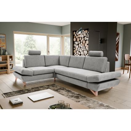 L-shaped upholstered folding corner lounge suite with a storage space AVESTA left grey
