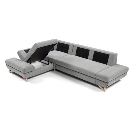 L-shaped upholstered folding corner lounge suite with a storage space AVESTA left grey