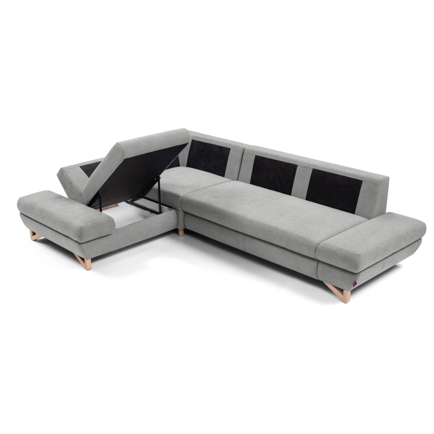 L-shaped upholstered folding corner lounge suite with a storage space AVESTA left grey