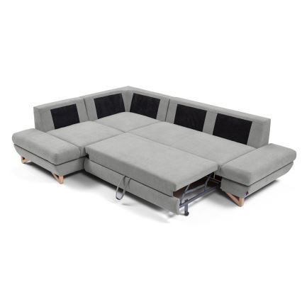 L-shaped upholstered folding corner lounge suite with a storage space AVESTA left grey