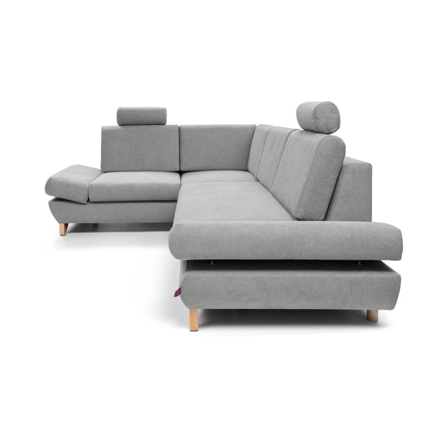 L-shaped upholstered folding corner lounge suite with a storage space AVESTA left grey