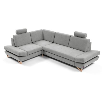 L-shaped upholstered folding corner lounge suite with a storage space AVESTA left grey