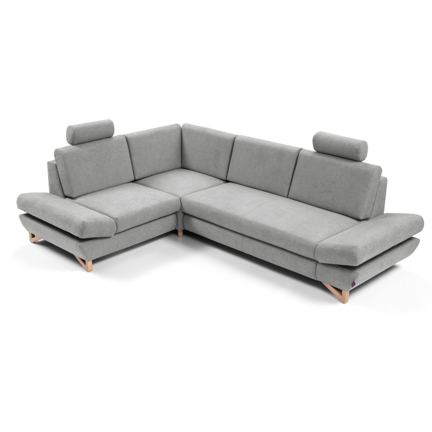 L-shaped upholstered folding corner lounge suite with a storage space AVESTA left grey