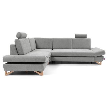 L-shaped upholstered folding corner lounge suite with a storage space AVESTA left grey