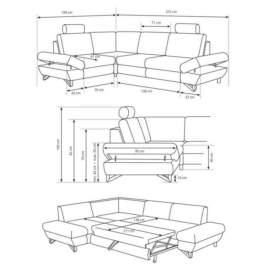 L-shaped upholstered folding corner lounge suite with a storage space AVESTA left grey