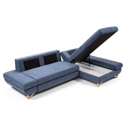 L-shaped upholstered folding corner lounge suite with a storage space AVESTA right blue