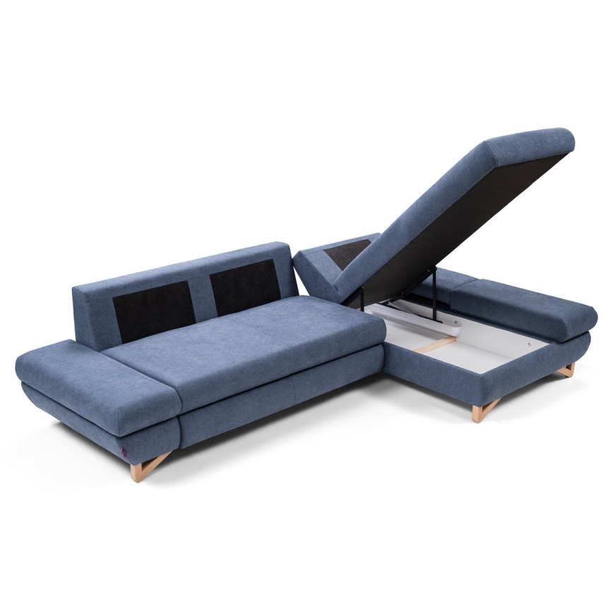 L-shaped upholstered folding corner lounge suite with a storage space AVESTA right blue