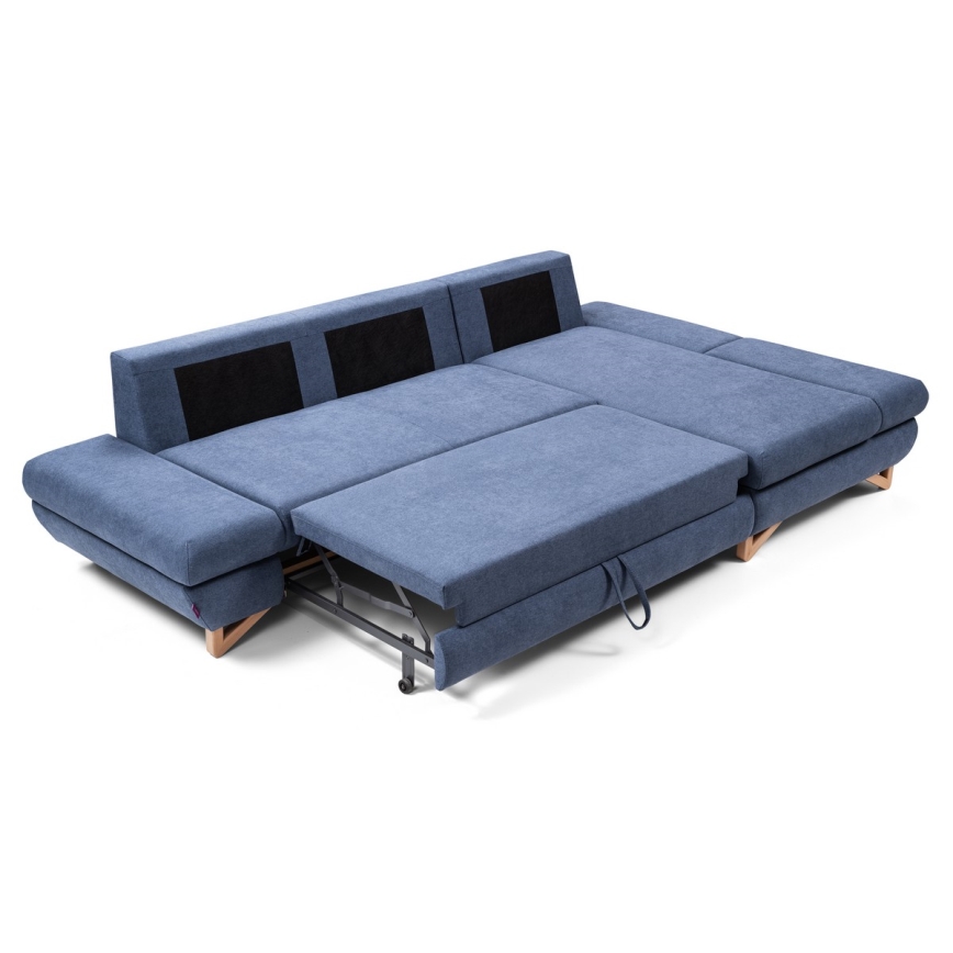 L-shaped upholstered folding corner lounge suite with a storage space AVESTA right blue