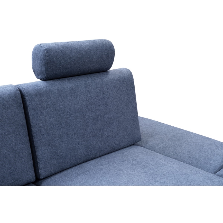 L-shaped upholstered folding corner lounge suite with a storage space AVESTA right blue