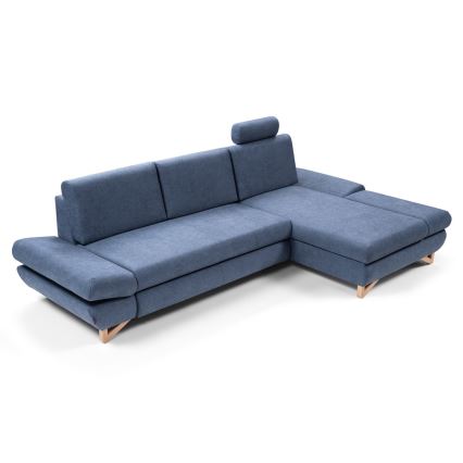 L-shaped upholstered folding corner lounge suite with a storage space AVESTA right blue