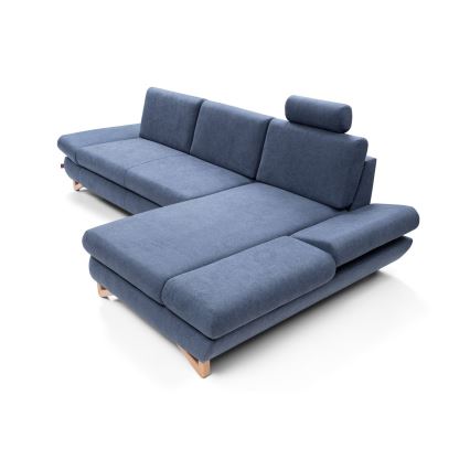 L-shaped upholstered folding corner lounge suite with a storage space AVESTA right blue