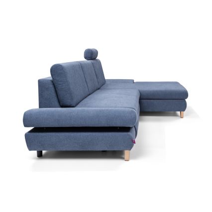 L-shaped upholstered folding corner lounge suite with a storage space AVESTA right blue