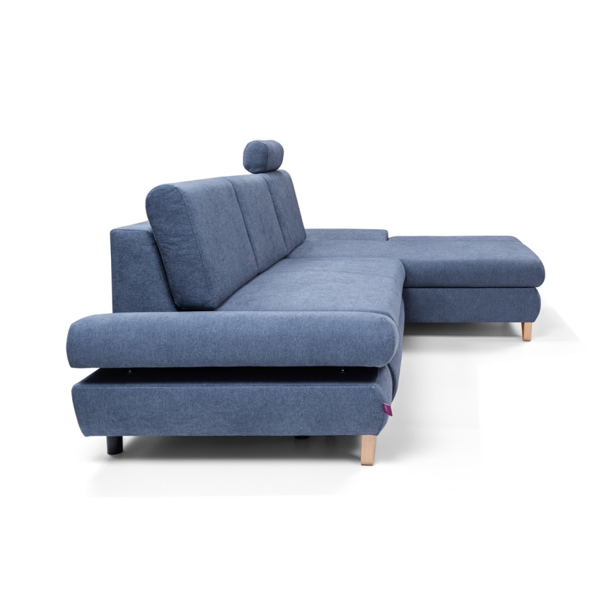 L-shaped upholstered folding corner lounge suite with a storage space AVESTA right blue