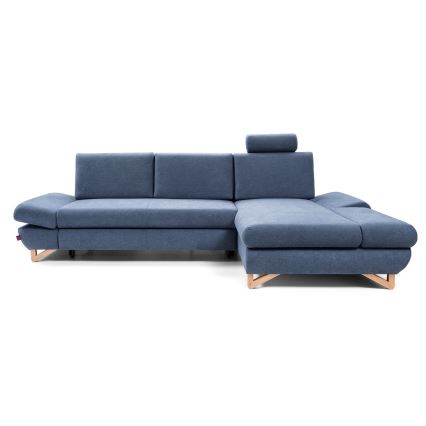 L-shaped upholstered folding corner lounge suite with a storage space AVESTA right blue
