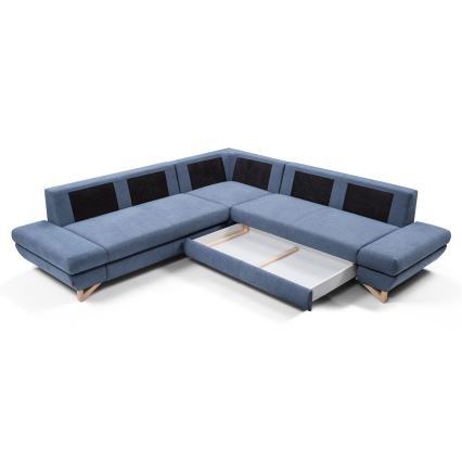 L-shaped upholstered folding corner lounge suite with a storage space AVESTA right blue