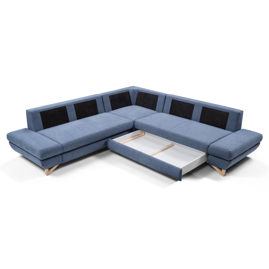 L-shaped upholstered folding corner lounge suite with a storage space AVESTA right blue
