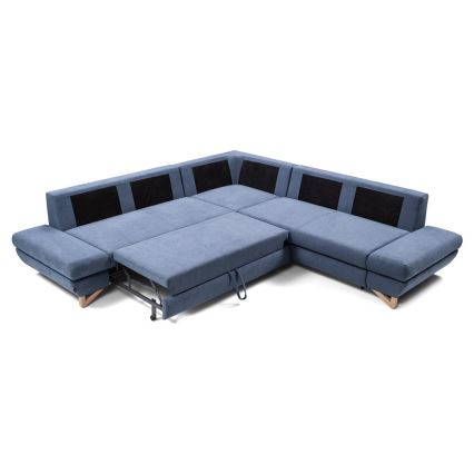 L-shaped upholstered folding corner lounge suite with a storage space AVESTA right blue