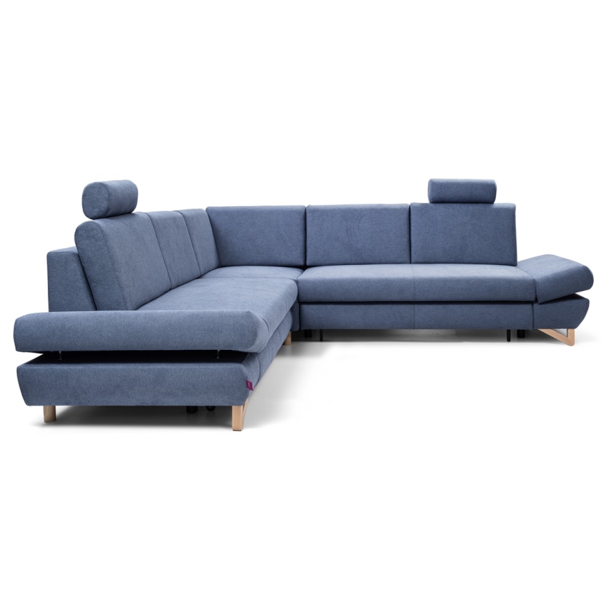 L-shaped upholstered folding corner lounge suite with a storage space AVESTA right blue