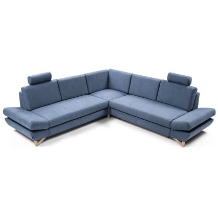 L-shaped upholstered folding corner lounge suite with a storage space AVESTA right blue