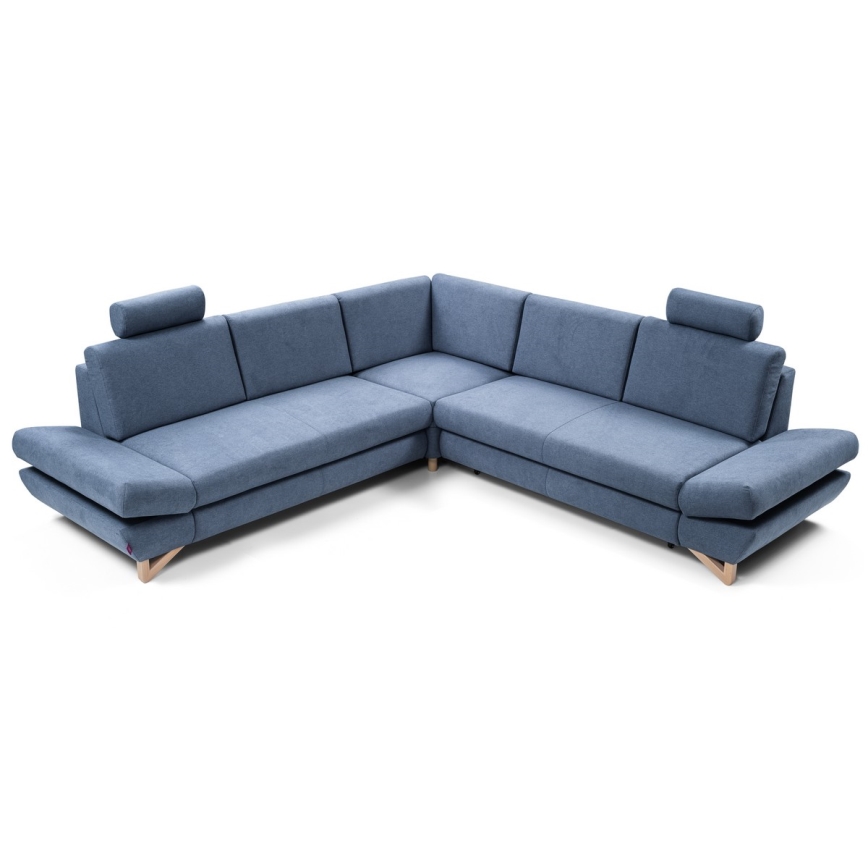 L-shaped upholstered folding corner lounge suite with a storage space AVESTA right blue