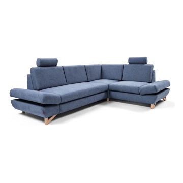 L-shaped upholstered folding corner lounge suite with storage space AVESTA right blue