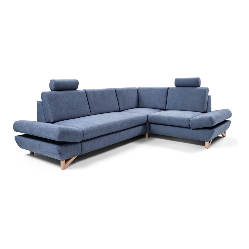 L-shaped upholstered folding corner lounge suite with storage space AVESTA right blue