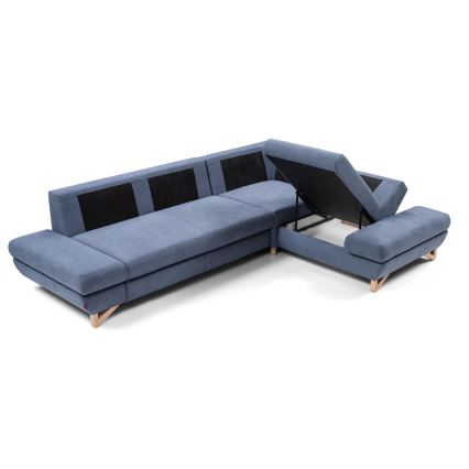 L-shaped upholstered folding corner lounge suite with storage space AVESTA right blue