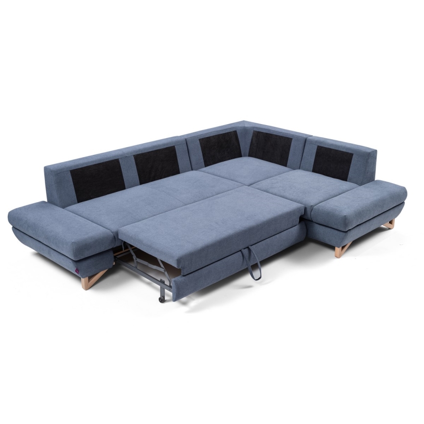 L-shaped upholstered folding corner lounge suite with storage space AVESTA right blue