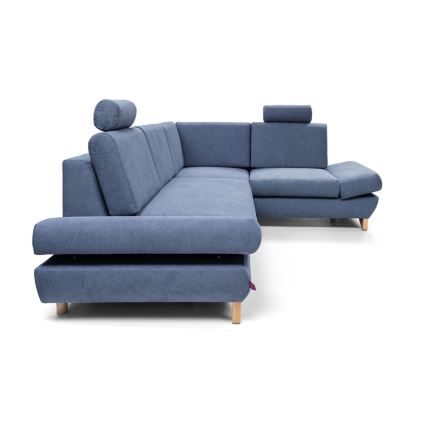 L-shaped upholstered folding corner lounge suite with storage space AVESTA right blue