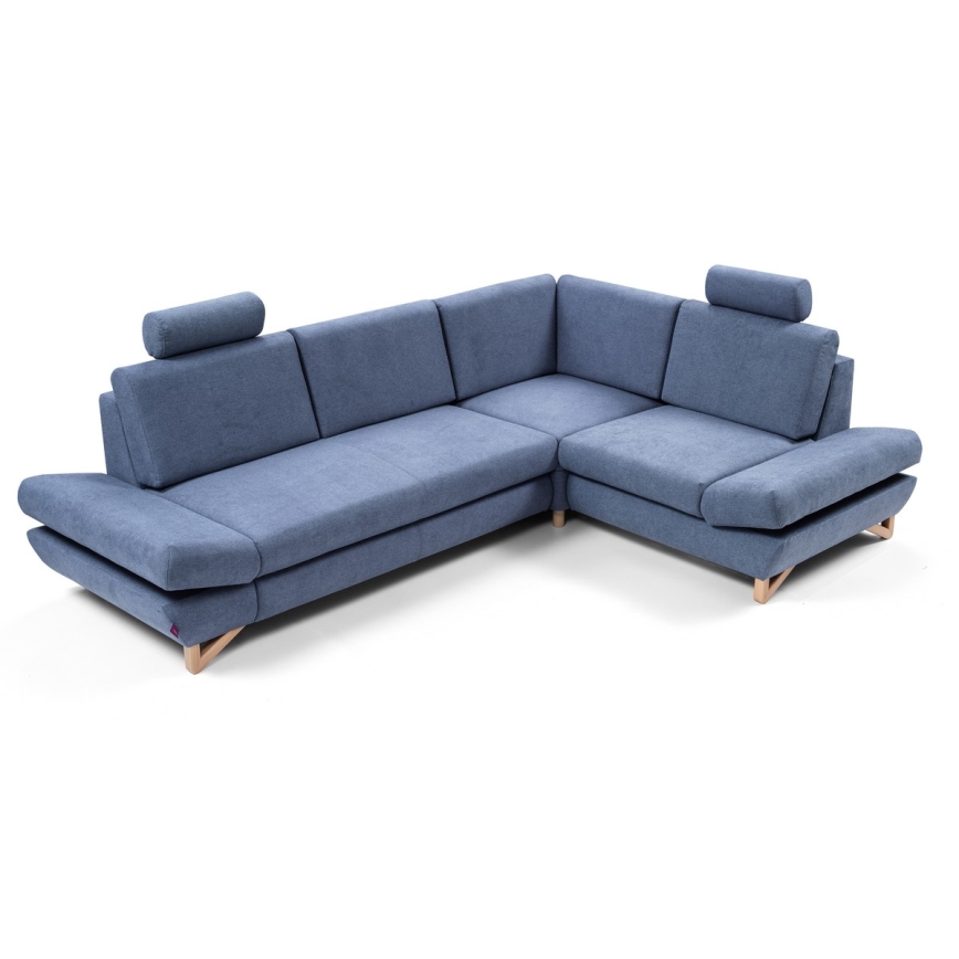 L-shaped upholstered folding corner lounge suite with storage space AVESTA right blue
