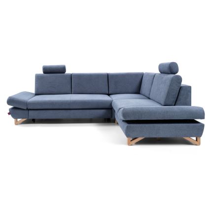 L-shaped upholstered folding corner lounge suite with storage space AVESTA right blue