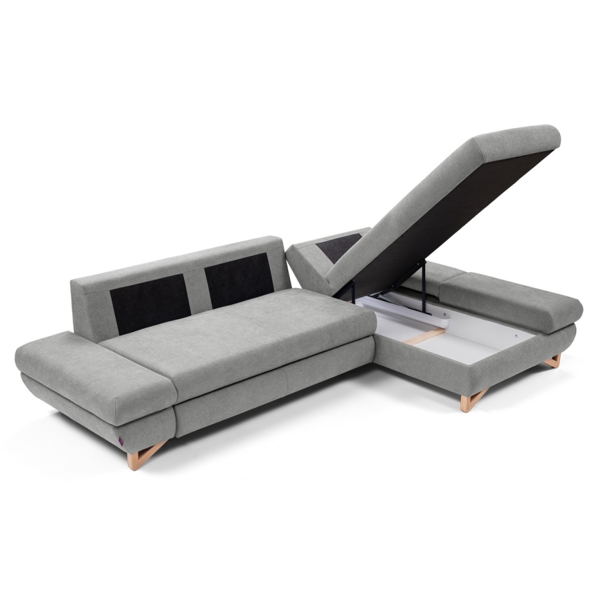 L-shaped upholstered folding corner lounge suite with a storage space AVESTA right grey