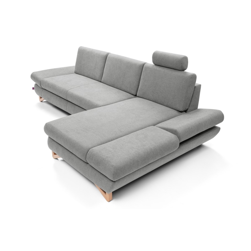 L-shaped upholstered folding corner lounge suite with a storage space AVESTA right grey