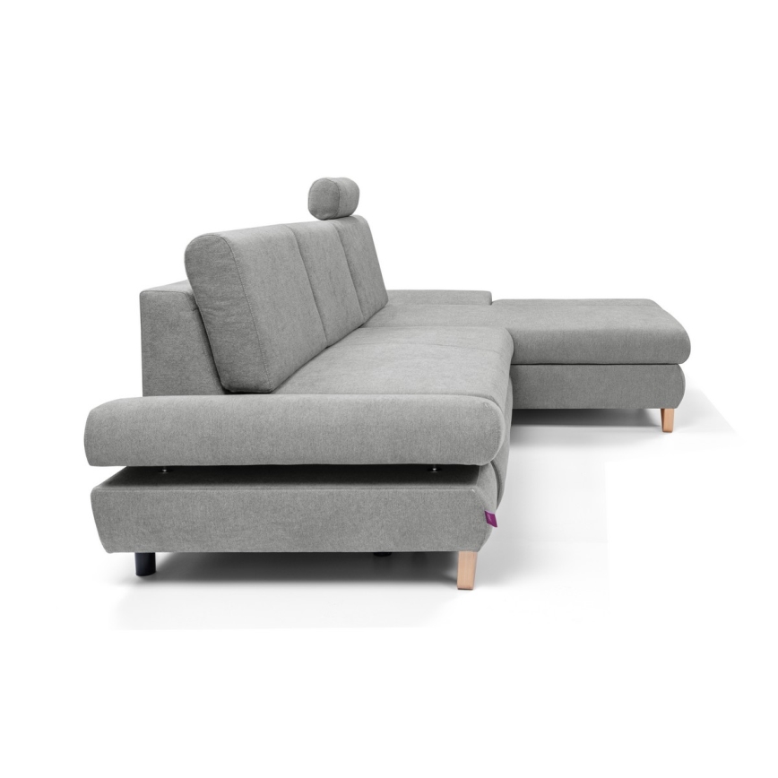 L-shaped upholstered folding corner lounge suite with a storage space AVESTA right grey