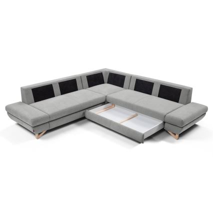 L-shaped upholstered folding corner lounge suite with a storage space AVESTA right grey