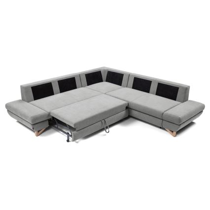 L-shaped upholstered folding corner lounge suite with a storage space AVESTA right grey