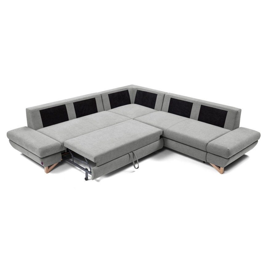 L-shaped upholstered folding corner lounge suite with a storage space AVESTA right grey