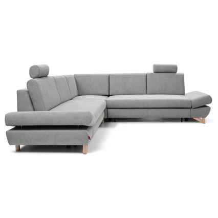 L-shaped upholstered folding corner lounge suite with a storage space AVESTA right grey